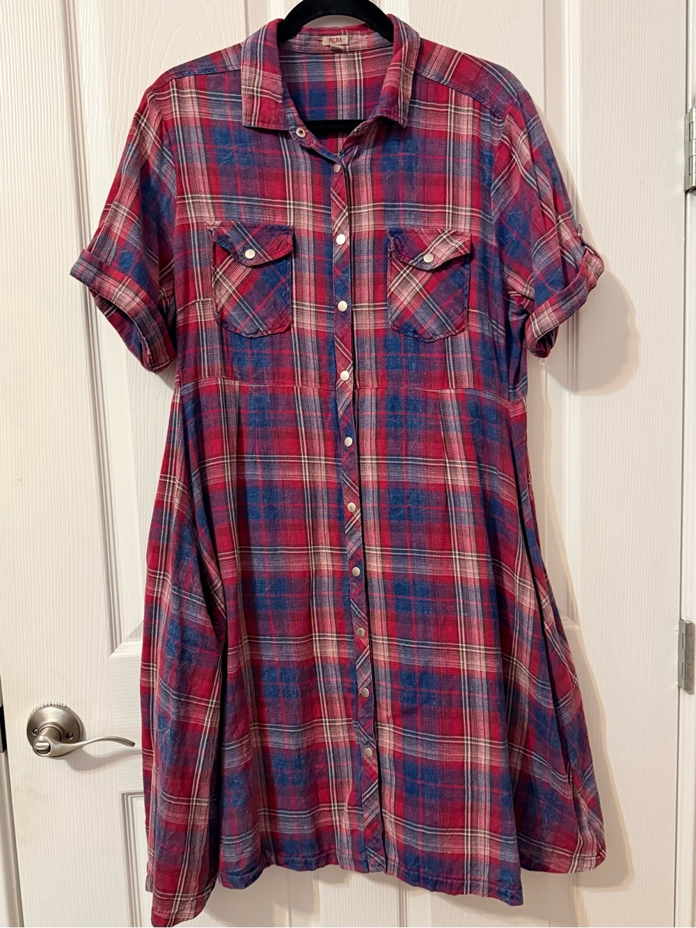 Reba Red and Blue Plaid Midi Shirt Dress